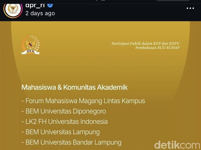 Unggahan di akun DPR RI yang dituding mencatut nama BEM Undip.