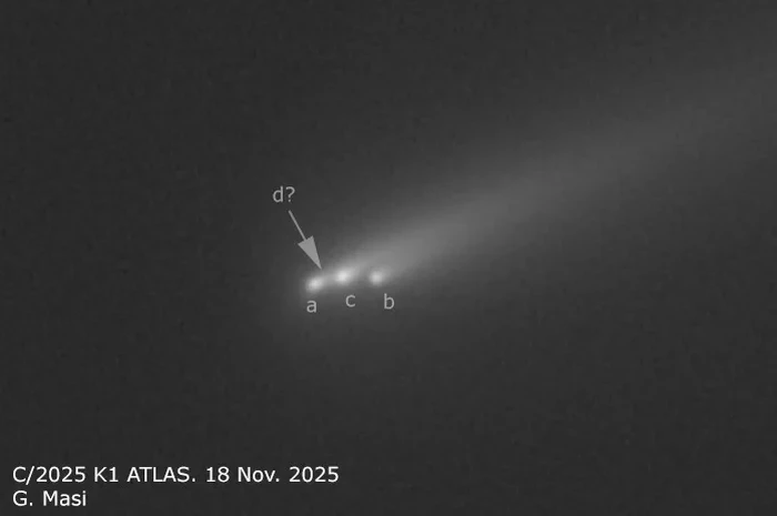 Gambar teleskop komet C/2025 K1 ATLAS dari 18 November 2025, yang tampaknya menunjukkan komet itu terpecah menjadi tiga fragmen utama (a, b dan c) dan kemungkinan fragmen keempat
