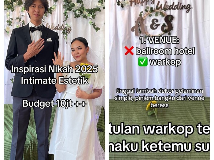Pasangan ini menggelar acara pernikahan di warkop dan jajanan kali lima untuk mendukung umkm, suasana pernikahan intimate itu langsung viral di TikTok.