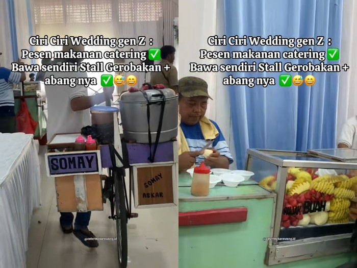 Jasa penyedia katering ini mengunggah suasana jajanan gerobak kali lima di acara pernikahan. Suasana pernikahan di Karawang yang dukung umkm ini langsung viral di media sosial.