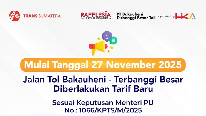 Tarif Tol Bakauheni–Terbanggi Besar diberlakukan tarif baru mulai 27 November