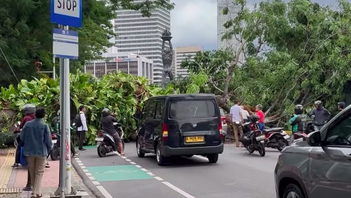 Pohon besar di Jalan Sisingamangaraja, Senayan, Jakarta Selatan tumbang. Batang pohon tersebut menimpa mobil hingga konstruksi MRT. (dok Pribadi/IG @a.candenibg)