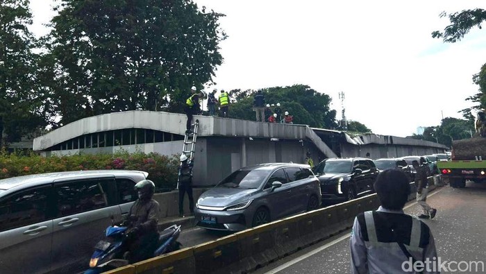 Pohon besar yang tumbang di Jalan Sisingamangaraja, Senayan, masih proses dievakuasi. Kendaraan hendak menuju Semanggi diarahkan ke jalur TransJakarta. (Adhfar AS/detikcom)