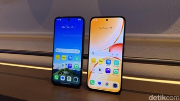 Realme C85 Pro (kanan) akan jadi ponsel pertama di C-series yang menggunakan layar AMOLED. Varian standarnya masih menggunakan panel IPS LCD, namun refresh rate-nya mencapai 144Hz. Foto: Virgina Maulita Putri/detikINET