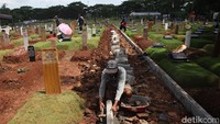 Para pekerja menyelesaikan proyek pembuatan lahan makam baru di TPU Tanah Kusir, Jakarta Selatan, Jumat (21/11/2025). Proyek di Tanah Kusir terus dikebut agar bisa segera dimanfaatkan oleh masyarakat.