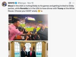 Ada yang membandingkan Messi di Amerika Serikat malah menyambut P Diddy, penyanyi yang jadi tersangka banyak kasus kekerasan seksual, saat Ronaldo datang bertemu Trump. (Foto: X.com/@Senyyo)