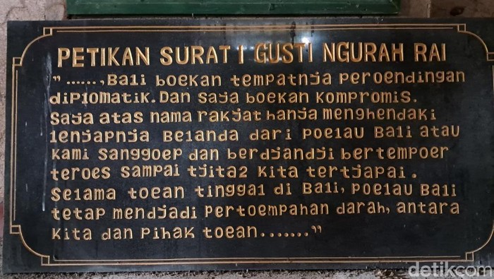 Petikan Surat Sakti I Gusti Ngurah Rai, yang diabadikan di Museum Sejarah Perjuangan Puputan Margarana, Tabanan.