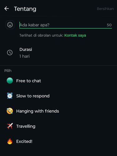 Tampilan fitur Tentang di aplikasi WhatsApp