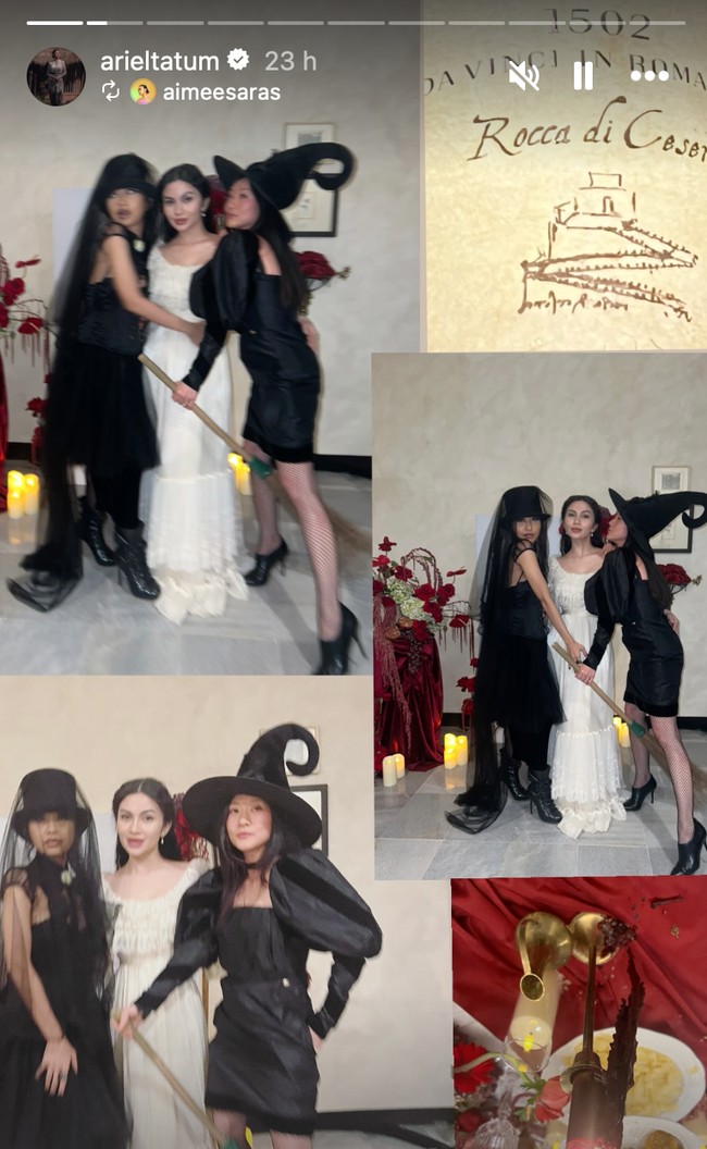 Para tamu undangan yang hadir turut mengenakan kostum sesuai dengan tema ulang tahun. Terlihat ada yang mengenakan busana serba hitam seperti penyihir. Foto: Instagram/@arieltatum
