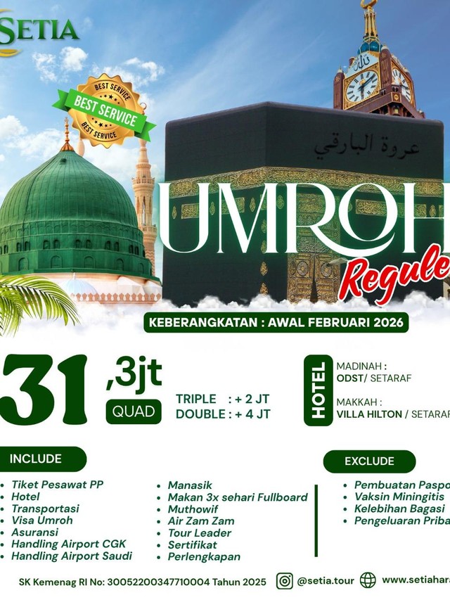 Paket Umroh 12 Hari Hotel Bintang 5 Pelataran - Awal Februari 2026