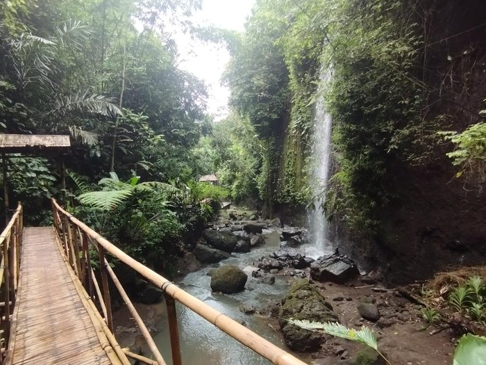 Jembatan bambu menuju Air Terjun Tibumana, Bangli, Bali, Sabtu (15/11/2025). Pengunjung akan melalui dua jembatan bambu sebelum mencapai Air Terjun Tibumana.