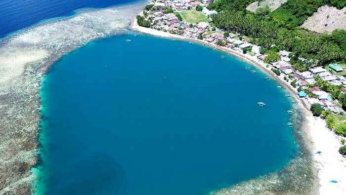 Foto udara biological site ring atoll atau karang atol di pesisir pantai Biluhu Timur, Kabupaten Gorontalo, Gorontalo, Sabtu (22/11/2025). Karang atol tersebut merupakan laguna dengan kedalaman 20 - 23 meter yang terbentuk dari proses sedimentasi berupa pertumbuhan terumbu karang secara bertahap dan berfungsi sebagai peredam gelombang alami dengan kawasan yang memiliki keragaman hayati yang tinggi, baik di darat maupun di laut. ANTARA FOTO/Adiwinata Solihin/YU