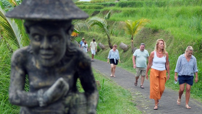 Wisatawan mancanegara berfoto bersama di area patung Dewi Sri berbahan bambu saat berkunjung di Desa Wisata Jatiluwih, Tabanan, Bali, Minggu (23/11/2025). Pengelola mencatat jumlah kunjungan wisatawan di desa wisata yang meraih penghargaan internasional sebagai salah satu destinasi berkelanjutan terbaik dunia dalam ajang Green Destinations Top 100 Stories 2025 yang digelar di Montpellier, Prancis itu selama periode 1 Januari hingga 22 November 2025 berjumlah 358.001 orang dengan rincian yakni 99.279 wisatawan nusantara dan 258.722 wisatawan mancanegara yang didominasi wisatawan asal negara-negara Eropa. ANTARA FOTO/Nyoman Hendra Wibowo/bar