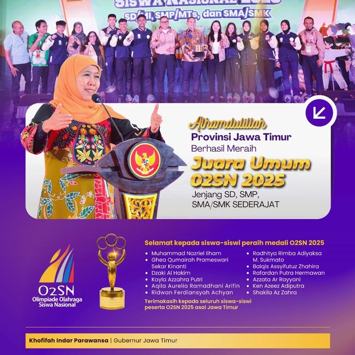 Jawa Timur juara Umum O2SN 2025