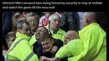 Meme ini ceritanya fans Liverpool dipaksa menonton timnya dibantai 0-3 oleh Nottingham Forrest. Foto: X.com