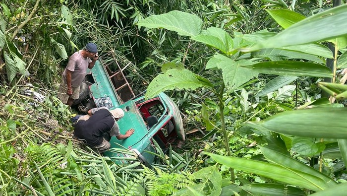 Truk terperosok ke jurang di jalan jurusan Senganan-Apuan, tepatnya di Banjar Apuan, Desa Apuan, Kecamatan Baturiti, Tabanan, Bali, Minggu (23/11/2025). (Foto: Dok. Istimewa)