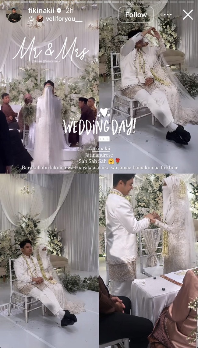 Senada dengan busana kedua pengantin, dekorasi acara juga didominasi warna putih. Bunga-bunga hingga kain putih tampak menghiasi jalannya acara. Foto: Instagram/@fikinakii