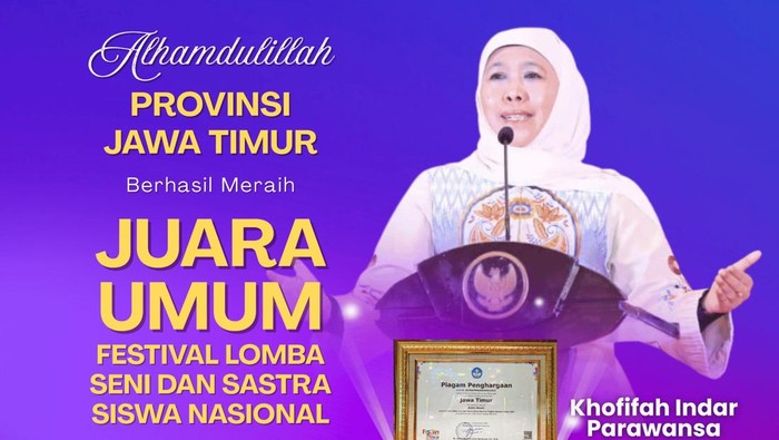 Pemprov Jatim berhasil meraih Juara Umum FLS3N. Khofifah bangga dengan menyebut siswa di Jatim sangat kreatif, inovatif, dan tangguh.