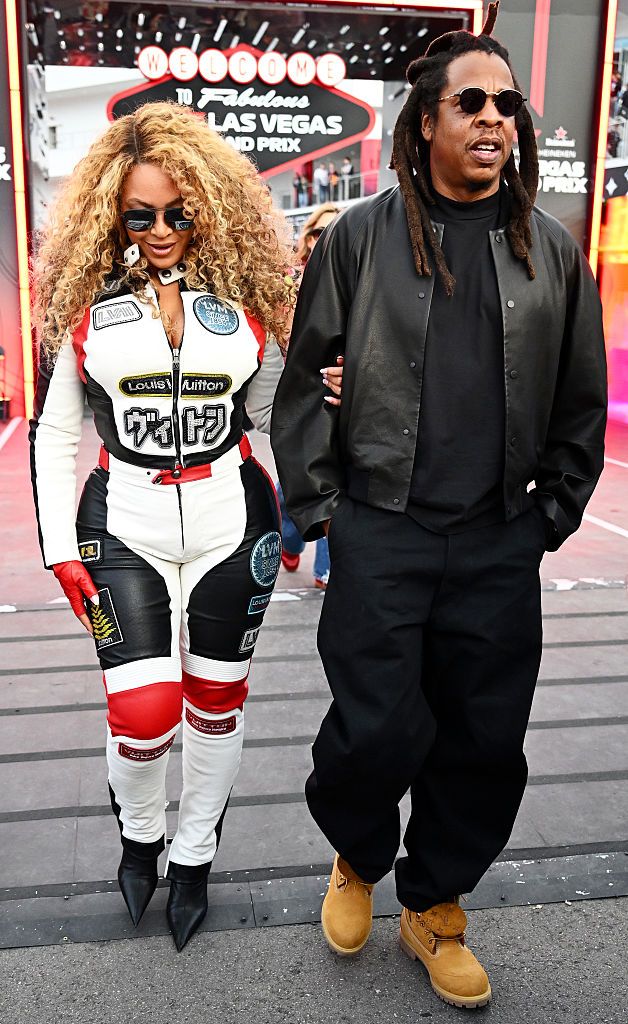 LAS VEGAS, NEVADA - NOVEMBER 22: Beyonce and Jay-Z arrive in the Paddock prior to the F1 Grand Prix of Las Vegas at Las Vegas Strip Circuit on November 22, 2025 in Las Vegas, Nevada. (Photo by Mark Sutton - Formula 1/Formula 1 via Getty Images)