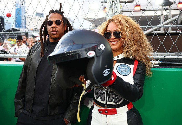 LAS VEGAS, NEVADA - NOVEMBER 22: Beyonce and Jay-Z arrive in the Paddock prior to the F1 Grand Prix of Las Vegas at Las Vegas Strip Circuit on November 22, 2025 in Las Vegas, Nevada. (Photo by Mark Sutton - Formula 1/Formula 1 via Getty Images)
