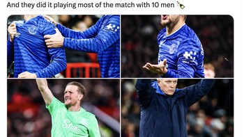 Dari 33 kali kunjungan ke Old Trafford, ini baru kali kedua Everton bisa menang. Foto: X.com