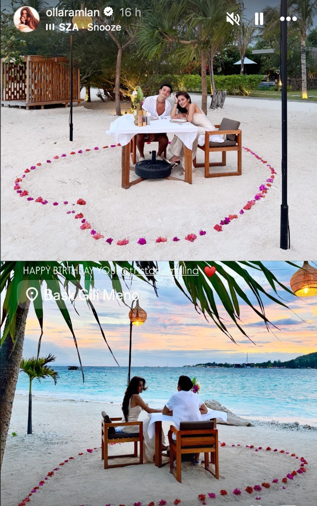 Tristan dan Olla juga menikmati makan romantis bersama di tepi laut. Momen tersebut sekaligus untuk merayakan ulang tahun Tristan yang jatuh pada 18 November lalu. Foto: Instagram/@ollaramlan