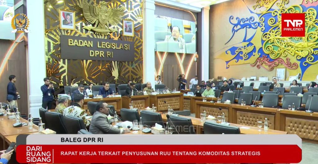 Baleg DPR RI menggelar Rapat Kerja (Raker) dengan Menteri Perdagangan Budi Santoso dan Wakil Menteri Pertanian Sudaryono membahas Penyusunan RUU tentang Komoditas Strategis di Jakarta, Rabu, (26/11/2025). (Tangkapan Layar Youtube/DPR RI)