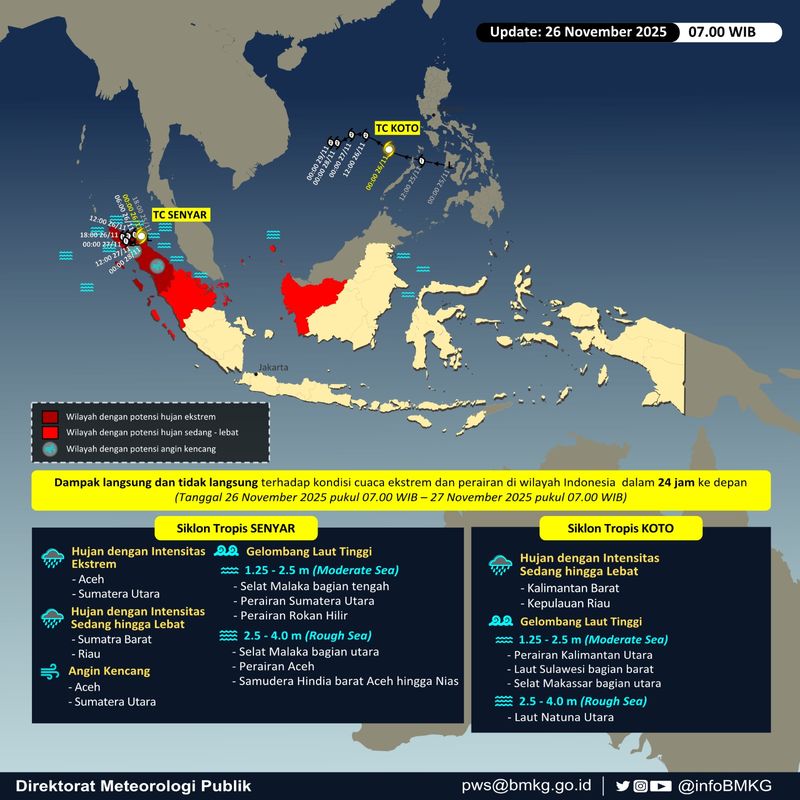 Bibit Siklon 95B yang terus menguat akhirnya naik level menjadi Siklon Tropis Senyar. Wilayah Aceh dan Sumatera Utara (Sumut) diminta mewaspadai hujan ekstrem. (dok BMKG)