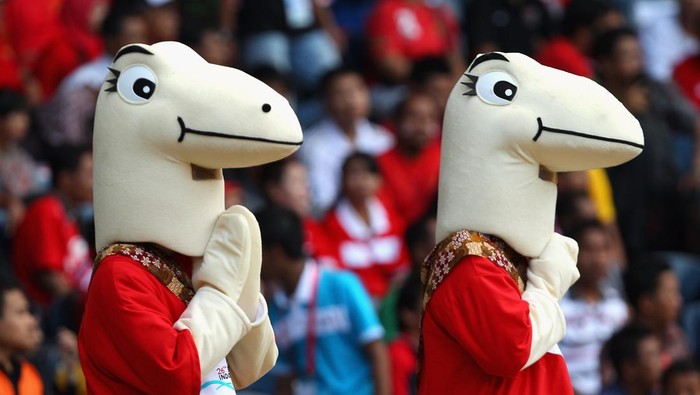 JAKARTA, INDONESIA - NOVEMBER 11:  SEA Games mascots watch the action during the Group A football match between Indonesia and Singapore on day one of the 2011 Southeast Asian Games at Stadion Utama Gerlora Bung Karno on November 11, 2011 in Jakarta, Indonesia.  (Photo by Cameron Spencer/Getty Images)