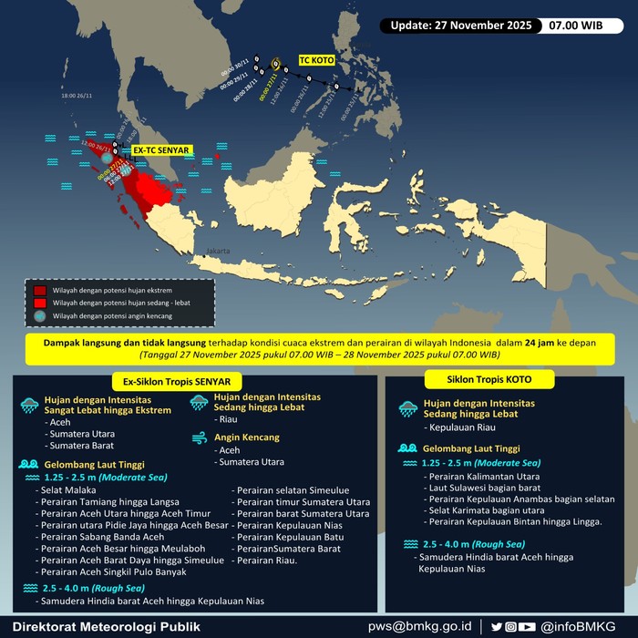 BMKG memprediksi Siklon Tropis Kota dan Ex-Siklon Tropis Senyar menjauhi wilayah RI. Kedua siklon tropis ini memicu cuaca ekstrem di Indonesia.  (dok BMKG)