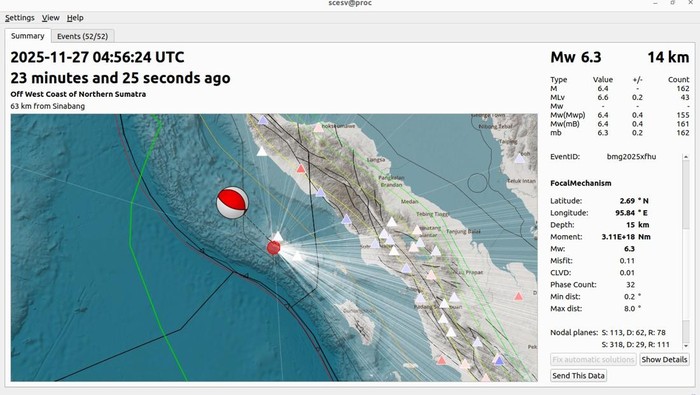 Gempa bumi dengan magnitudo (M) 6,3 terjadi di Sinabang, Aceh. BMKG mencatat terjadinya beberapa gempa susulan. (dok BMKG)