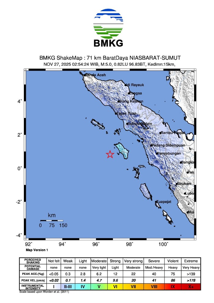 Gempa bumi dengan magnitudo (M) 6,3 terjadi di Sinabang, Aceh. Gempa dirasakan di sejumlah titik dari wilayah Aceh hingga Sumatera Utara (Sumut). (dok BMKG)