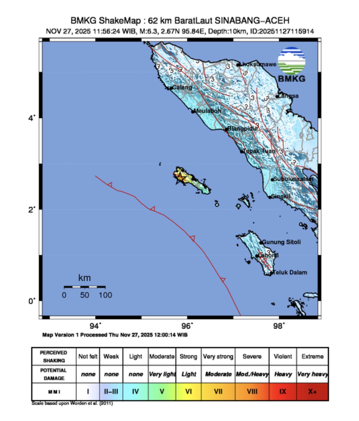 Gempa bumi mengguncang Sinabang, Aceh dengan kekuatan 6,3 Magnitudo. (Dok. BMKG)