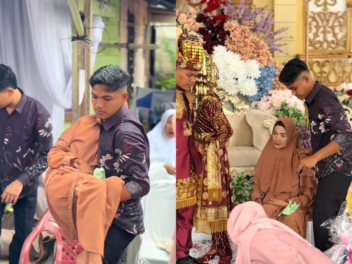Pembawa acara ini mengunggah momen haru saat seorang pria menggendong ibu yang sedang sakit stroke untuk berada di atas pelaminan. Unggahan suasana pernikahan di Aceh itu langsung viral.