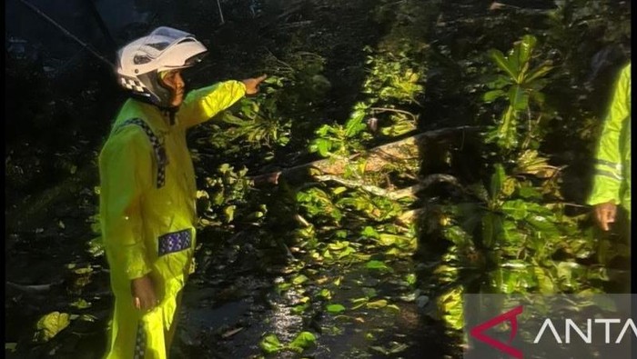 Polisi membantu pembersihan material longsor di kawasan Lembah Anai, Kabupaten Tanah Datar, Kamis (27/11/2025). Antara/HO-Humas Polres Padang Panjang