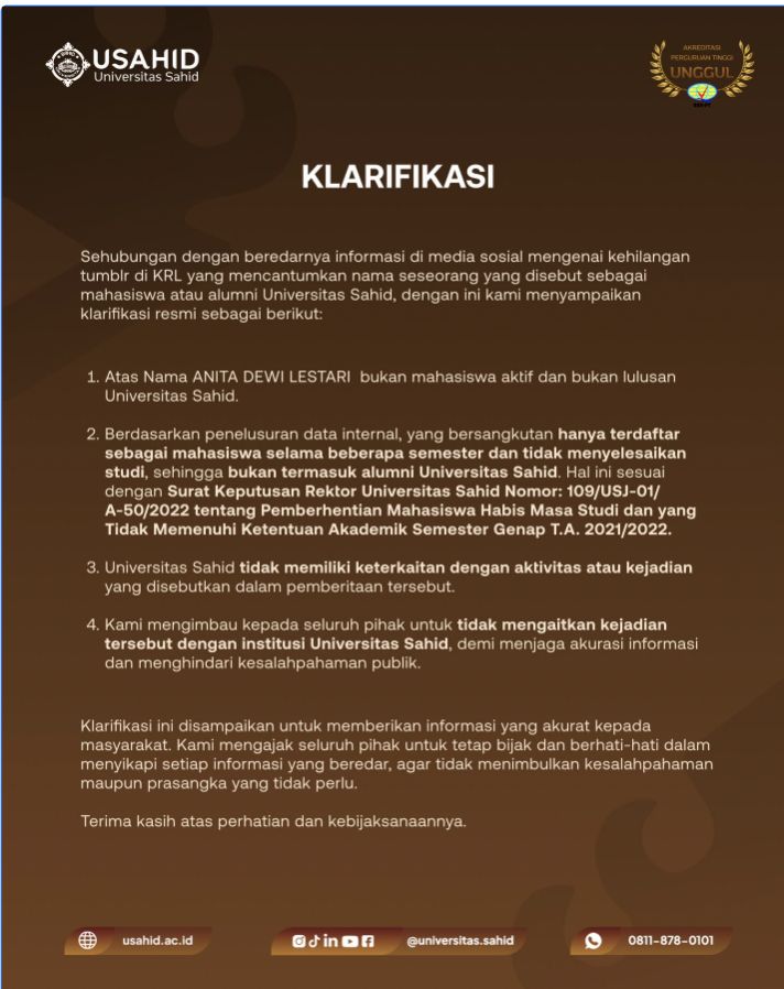 Klarifikasi Universitas Sahid