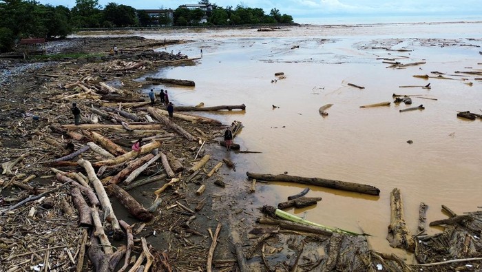 Sejumlah warga berjalan di antara potongan kayu gelondongan yang bertumpuk di pantai Air Tawar, Padang, Sumatera Barat, Jumat (28/11/2025). Sampah kayu gelondongan itu menumpuk di sepanjang pantai Padang pasca banjir bandang beberapa hari terakhir.  ANTARA FOTO/Iggoy el Fitra/YU