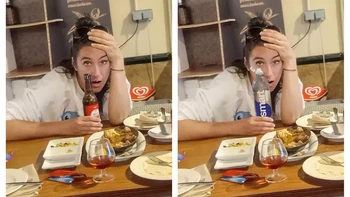Seorang perempuan ingin terlihat lebih cerdas. Fridman menjawab dengan mengganti botol bir di tangannya menjadi botol air bertuliskan Smart Water ”. Foto: Instagram/@fjamie013