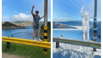 Seorang pria meminta agar dirinya terlihat lebih “keren” dalam foto berlatar pemandangan dan tiang listrik. James Fridman justru mengubahnya menjadi patung es transparan—hasil yang tak terduga. Foto: Instagram/@fjamie013