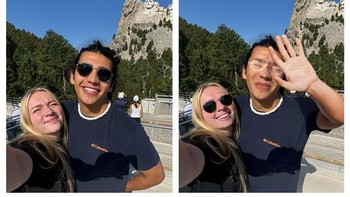 Permintaan seorang perempuan agar ekspresi wajah suaminya dibuat lebih baik saat berfoto di Mount Rushmore dibalas James Fridman dengan editan kocak: sang suami justru terlihat menutupi wajah dari sinar matahari. Foto: Instagram/@fjamie013
