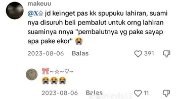 Suami Disuruh Beli Pembalut, Bingung “Pake Sayap atau Ekor?” Cerita kocak dari warganet tentang suami sepupunya yang disuruh membeli pembalut pasca-lahiran, namun justru bertanya apakah pembalutnya “pakai sayap atau pakai ekor.” Foto: x.com/@emakjulidd