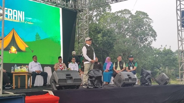 Menko PM Muhaimin Iskandar dalam acara Perkemahan Nasional Lintas Iman di Bumi Perkemahan Cibubur, Jakarta Timur, Sabtu (29/11/2025).