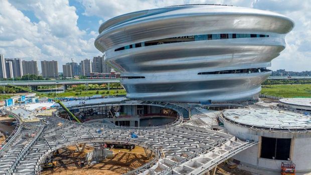 HAIKOU, CHINA - JUNE 19: Aerial view of Hainan Science and Technology Museum under construction on June 19, 2024 in Haikou, Hainan Province of China. (Photo by Luo Yunfei/China News Service/VCG via Getty Images)