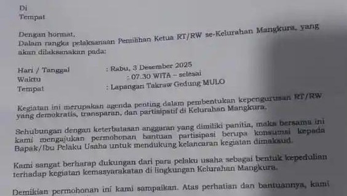 Beredar surat Lurah Mangkura memohon bantuan konsumsi kepada pengusaha menjelang pemilihan ketua RT/RW di Makassar.