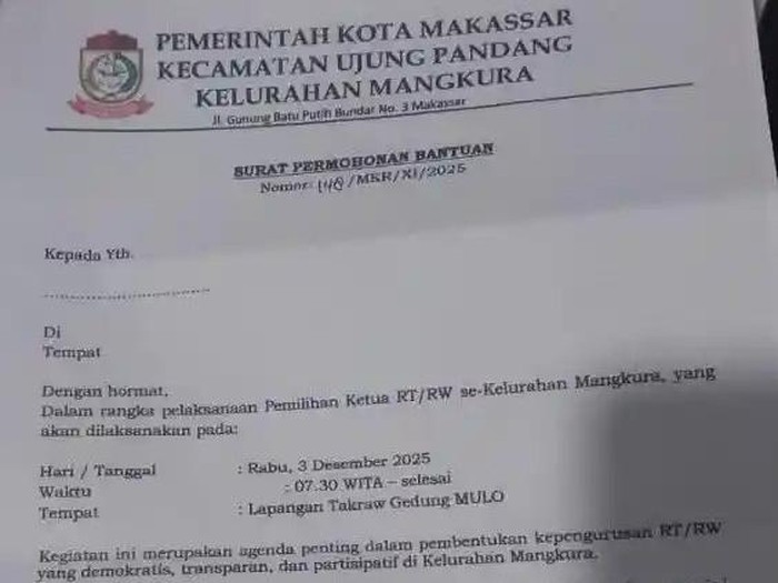 Beredar surat Lurah Mangkura memohon bantuan konsumsi kepada pengusaha menjelang pemilihan ketua RT/RW di Makassar.