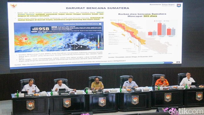 Menteri Kementerian Dalam Negeri Tito Karnavian bersama pimpinan lainnya saat acara Rapat Koordinasi Pusat dan Daerah Jelang Natal 2025 dan Tahun Baru 2026 di Gedung C Kemendagri, Jakarta, Senin (1/12/2025).