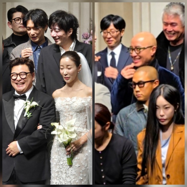 Pasangan itu lebih dulu mendaftarkan pernikahan mereka secara hukum di kantor distrik setempat, sebelum menggelar resepsi di hotel mewah. Acaranya turut dihadiri rekan komedian Yoo Jae Suk dan Hong Seok Cheon. Foto: dok. Naver