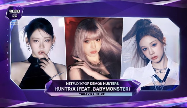 Aksi panggung mereka menambah semarak penyelenggaraan MAMA Awards 2025 di Hong Kong tahun ini. Untuk kostum panggungnya, Pharita cs tampil total menirukan karakter personel HUNTR/X dari film KPop Demon Hunters. Foto: Instagram