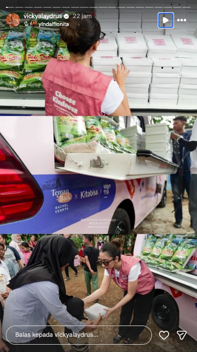 Vicky Alaidrus juga ikut menolong para korban banjir di Sumatera. Bekerja sama dengan Rachel Venya, ia terlibat langsung dan datang ke lokasi untuk menyerahkan bantuannya dari donasi. Foto: Instagram