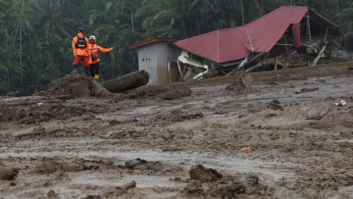 Rescuers stand on fallen trees as the search and rescue operation continues at an area hit by deadly flash floods following heavy rains in Palembayan, Agam regency, West Sumatra province, Indonesia, December 2, 2025. REUTERS/Willy Kurniawan